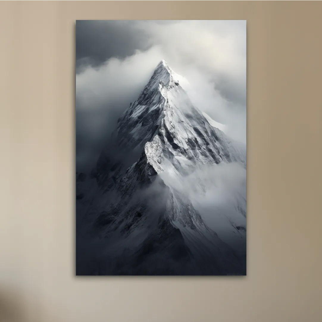 Photographic art, ominous snowy peak in the clouds