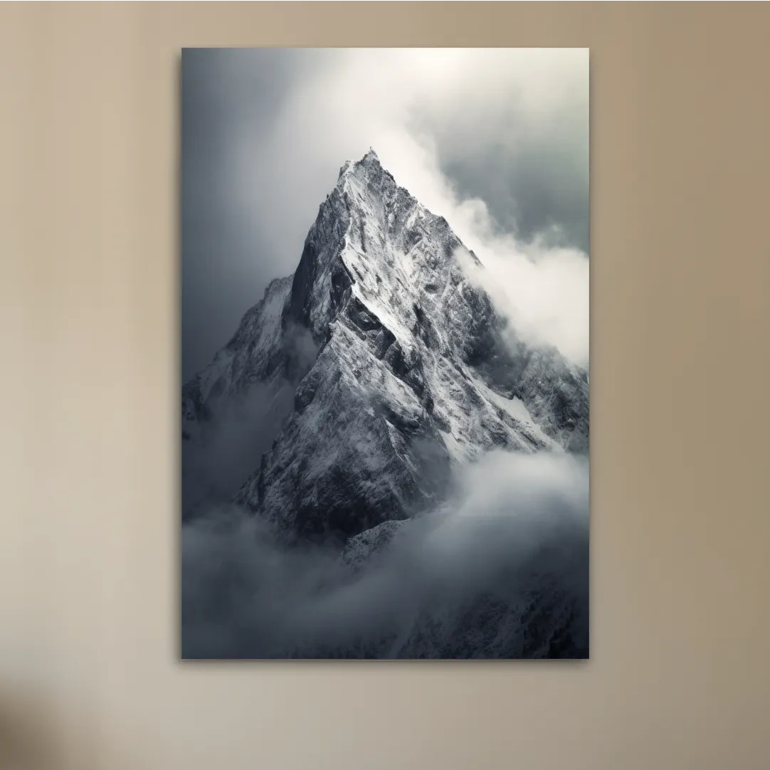 Photographic art, ominous snow capped mountain in the clouds