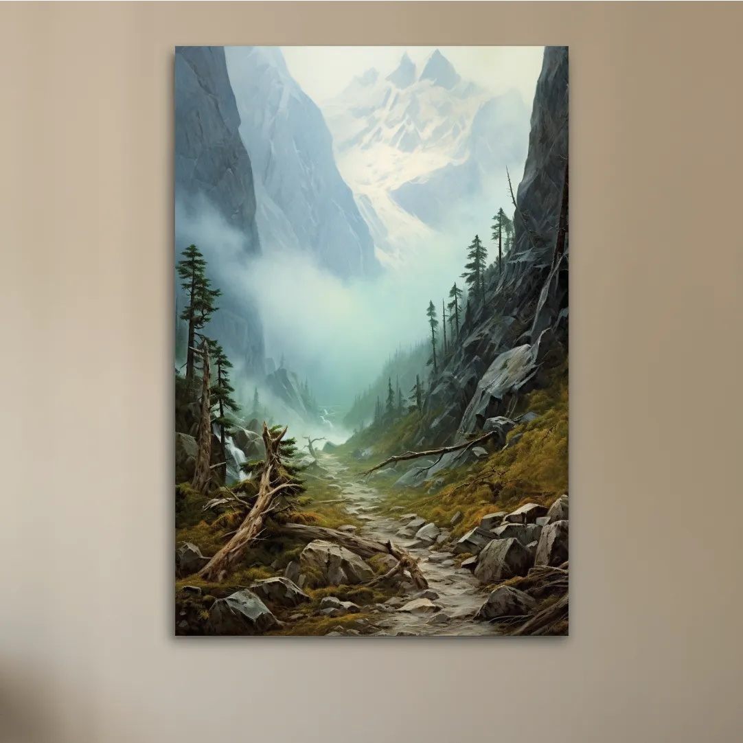 Painting of a foggy alpine scene
