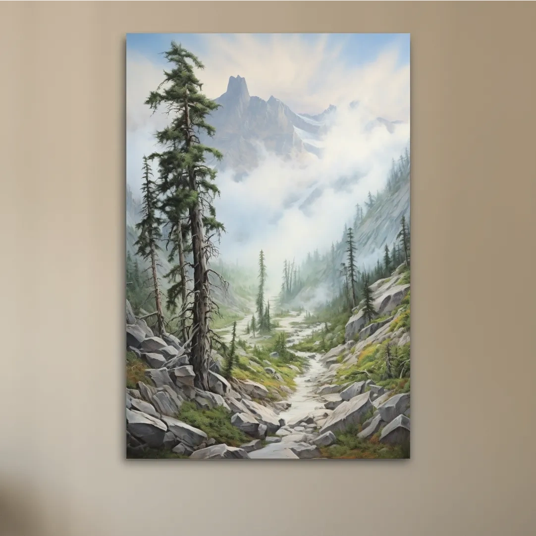 Painting of a trail leading into a foggy alpine scene