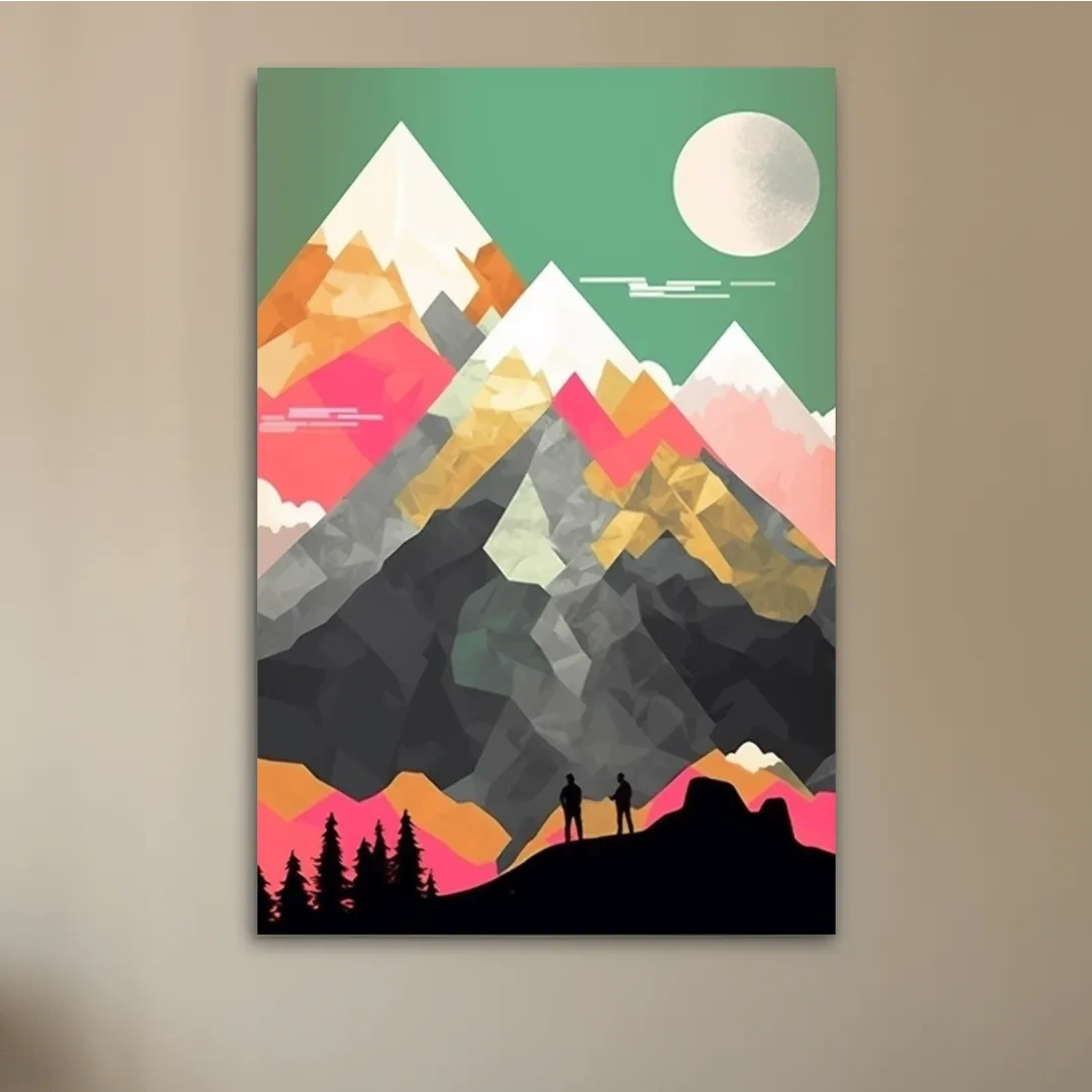 Simple flat colour 2d mountain art, colourful mountain ranges