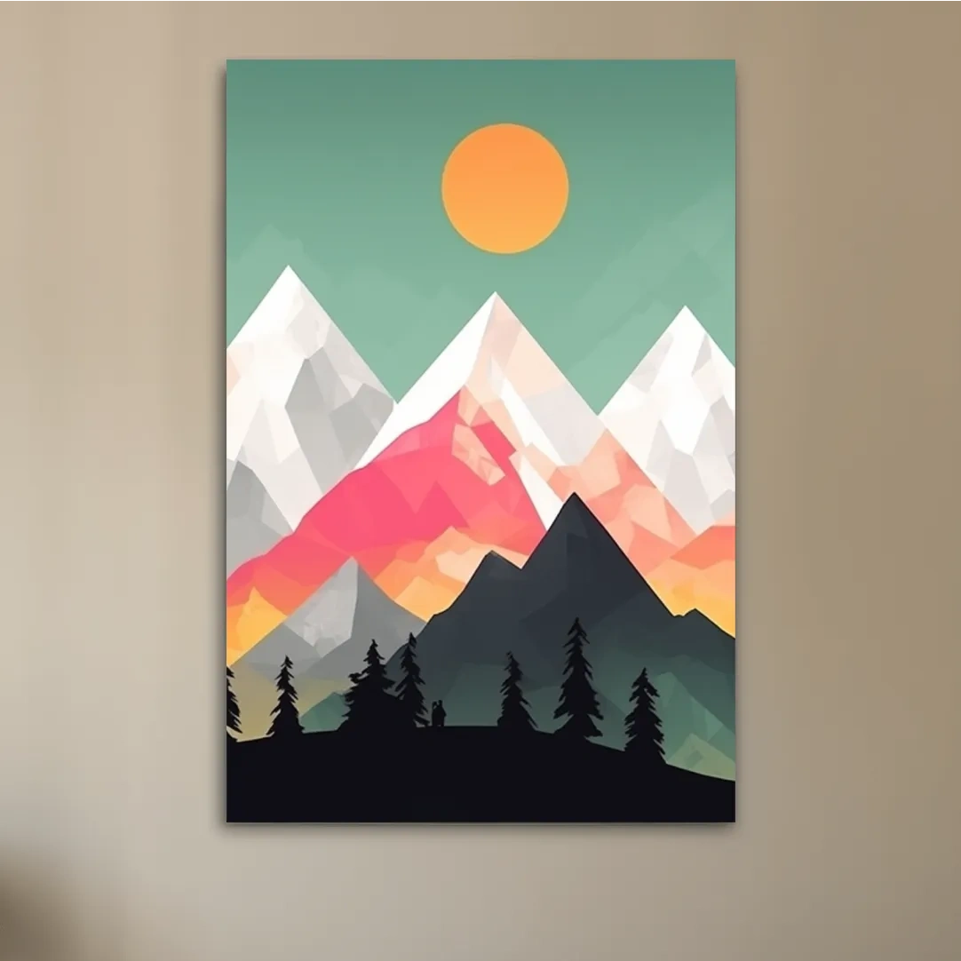 Geometric Sunset Mountain Peaks With Pine Silhouettes - Modern Colourful 2D Wall Art