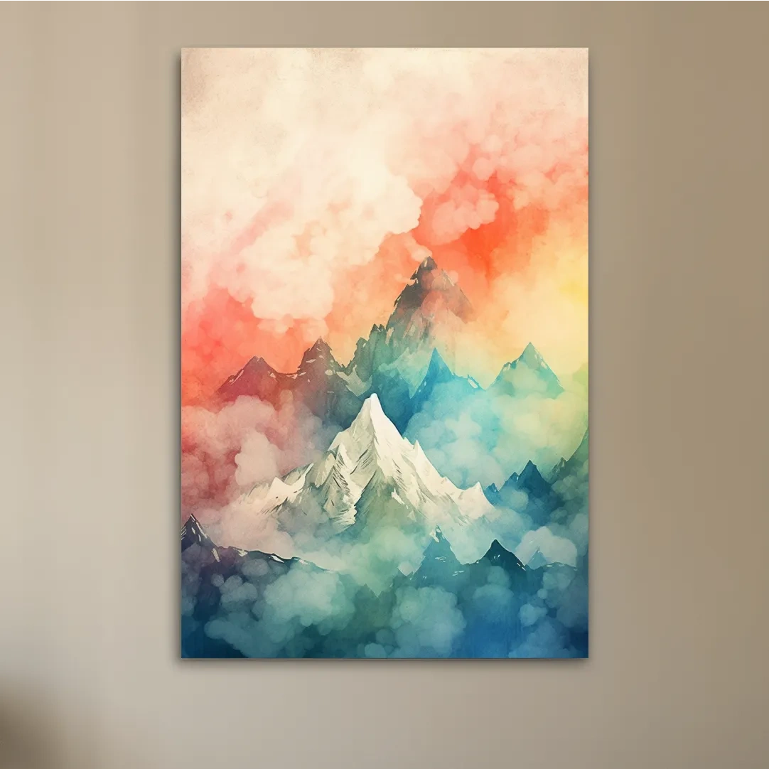 Colourful watercolour painting of a mountain landscape