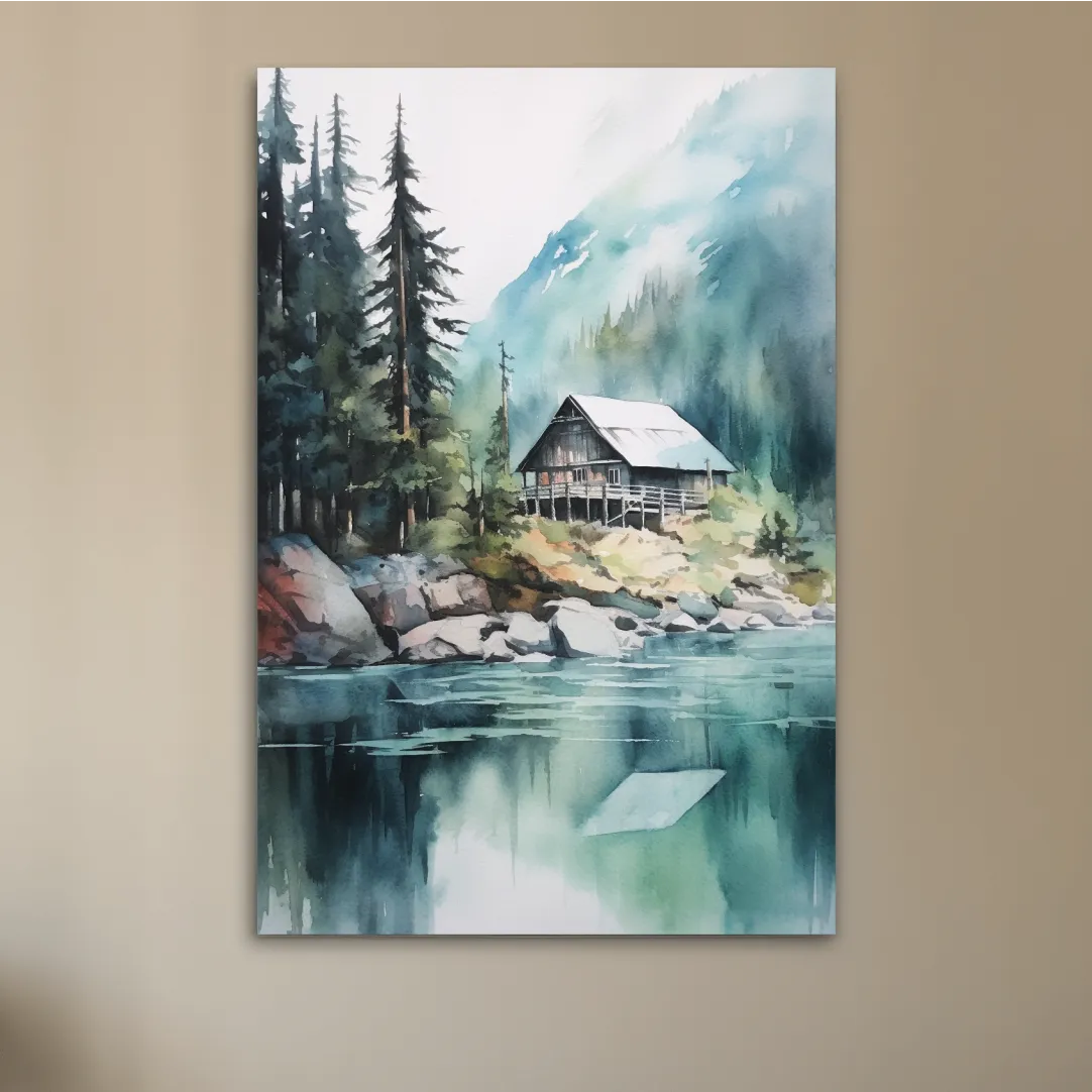 Watercolour painting of a cabin by a lake
