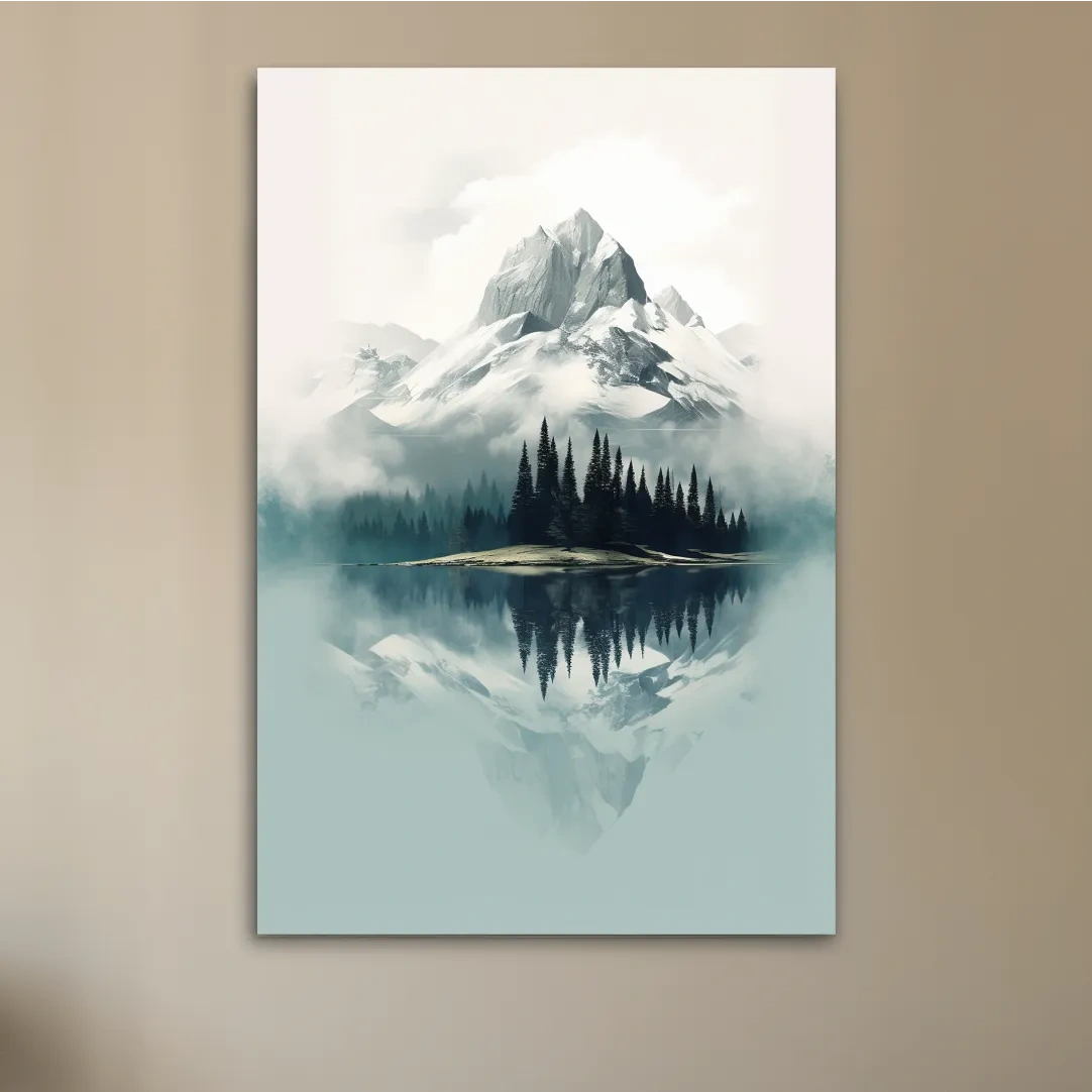 Misty Alpine Mountain Lake Reflection - Minimalist Watercolor Landscape Wall Art