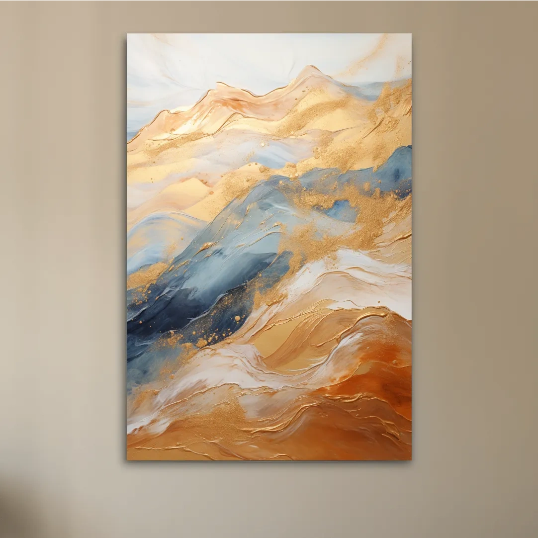 Abstract golden swirling painting forming mountains