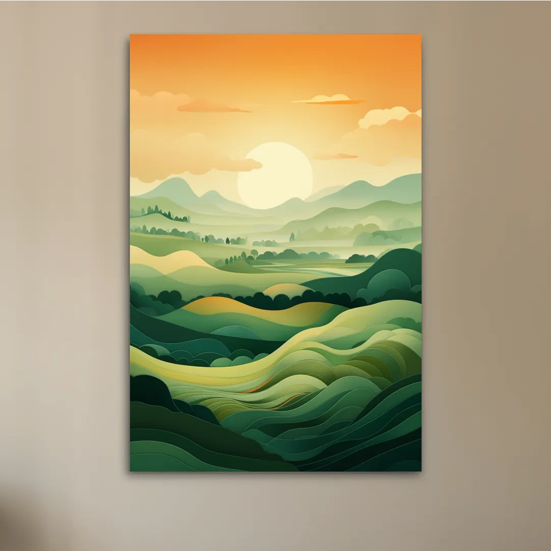 Illustration of rolling green hills at sunset