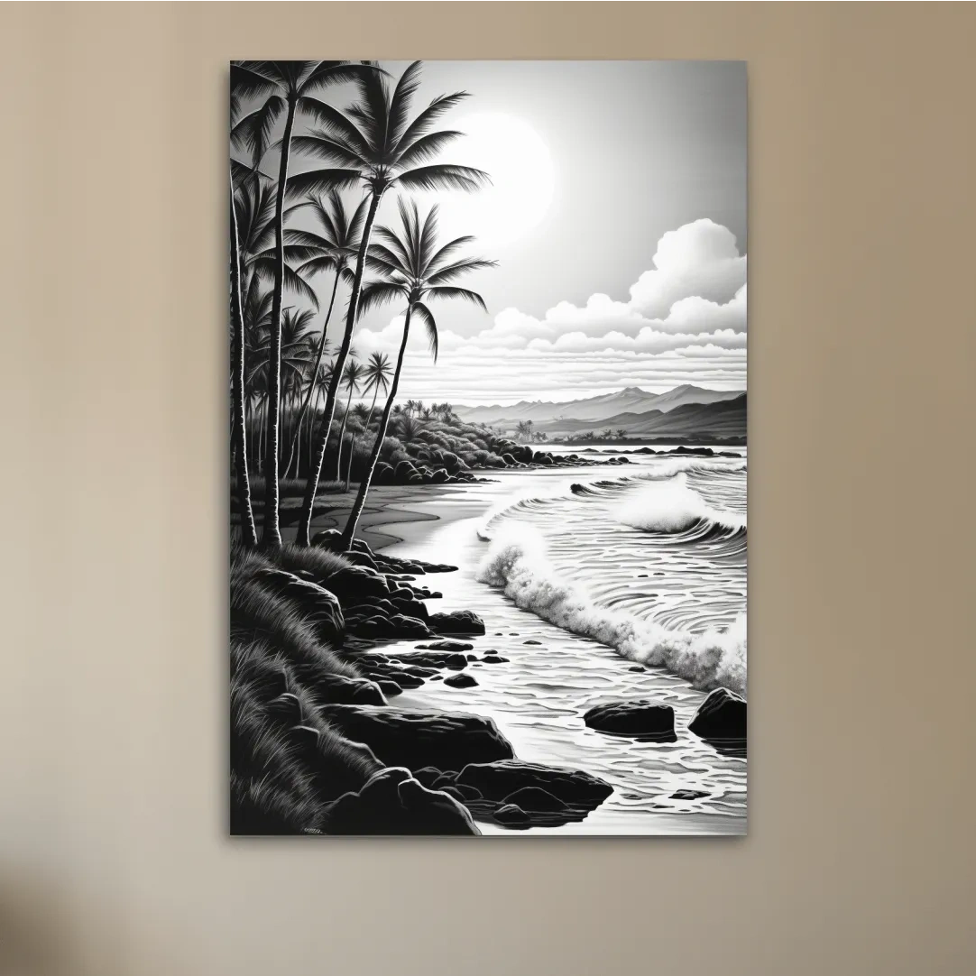 Black and white drawing of a tropical beach mountain scene