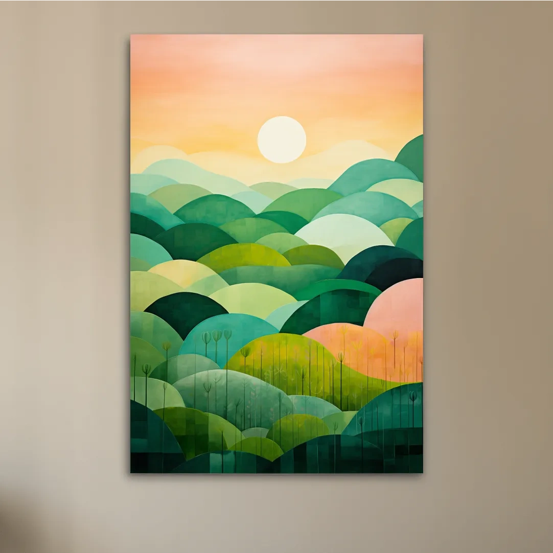 Rolling green abstract hills at sunset