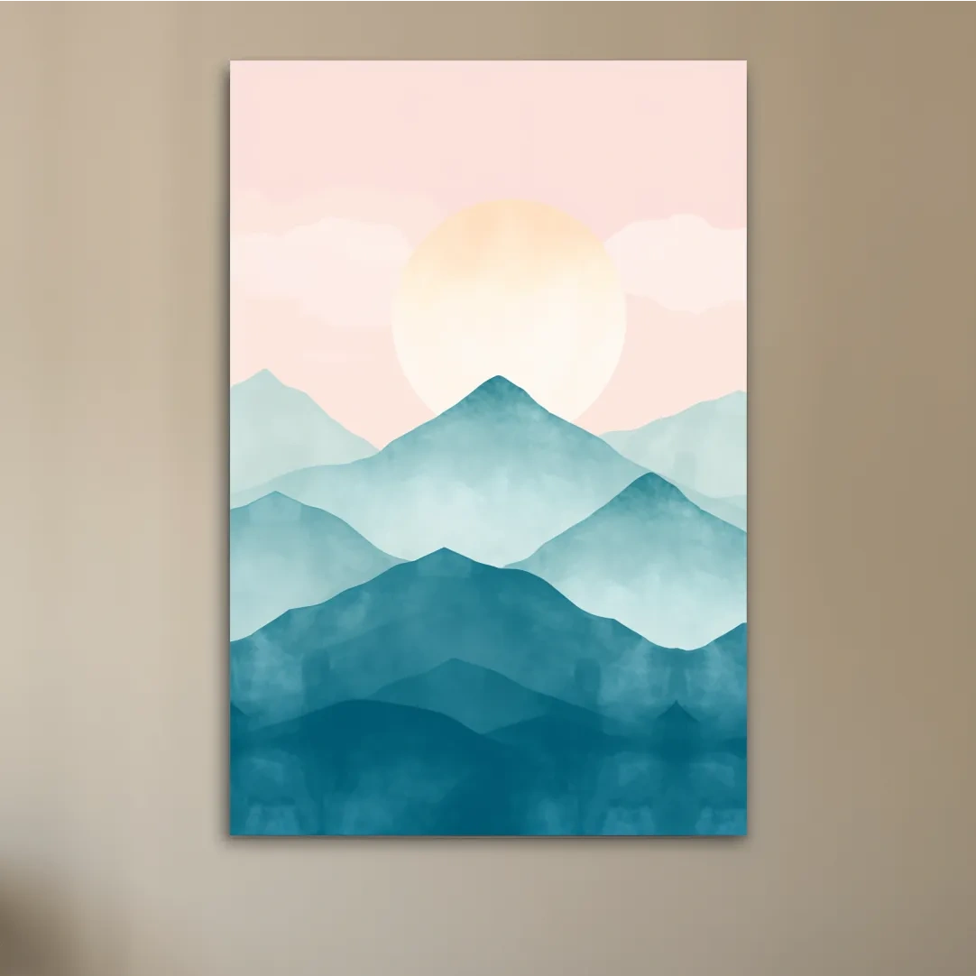 Soft pastel mountain landscape painting, pastel colored wall art