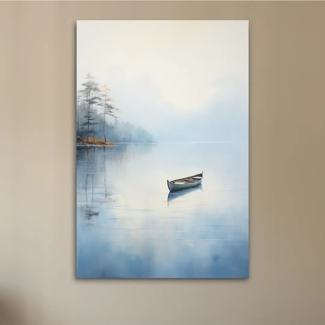 Watercolor painting, canoe on a misty lake