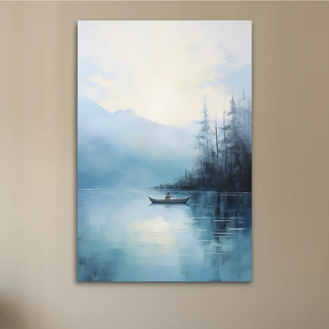 Misty Turquoise Mountain Lake Canoe Painting - Serene Forest Landscape Wall Art