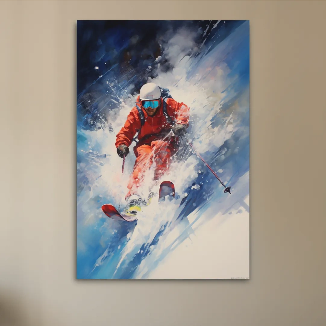Dynamic painting of a skier exploding in powder