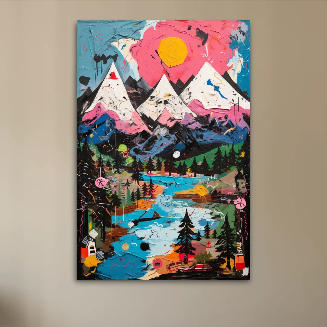 Vibrant Abstract Mountain Lake Sunset Painting - Colorful Modern Landscape Wall Art