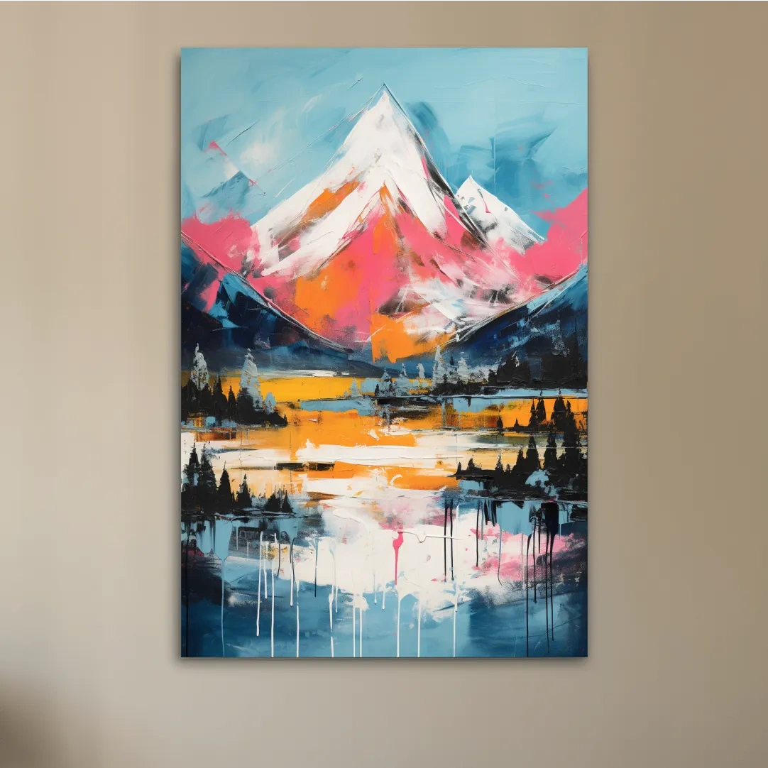 Bright painting of a snow capped mountain