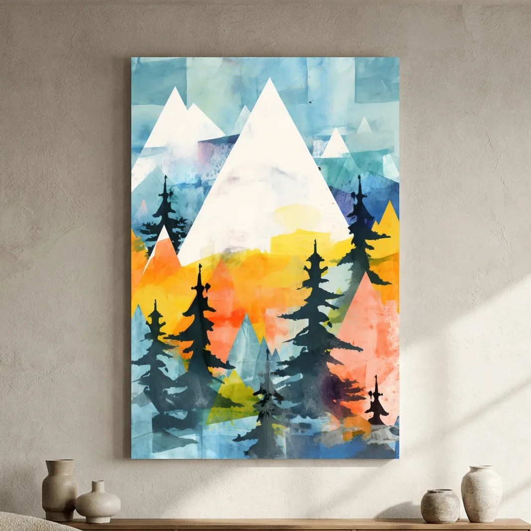 Rustic Watercolor Mountains And Pine Forest - Vibrant Alpine Landscape Wall Art