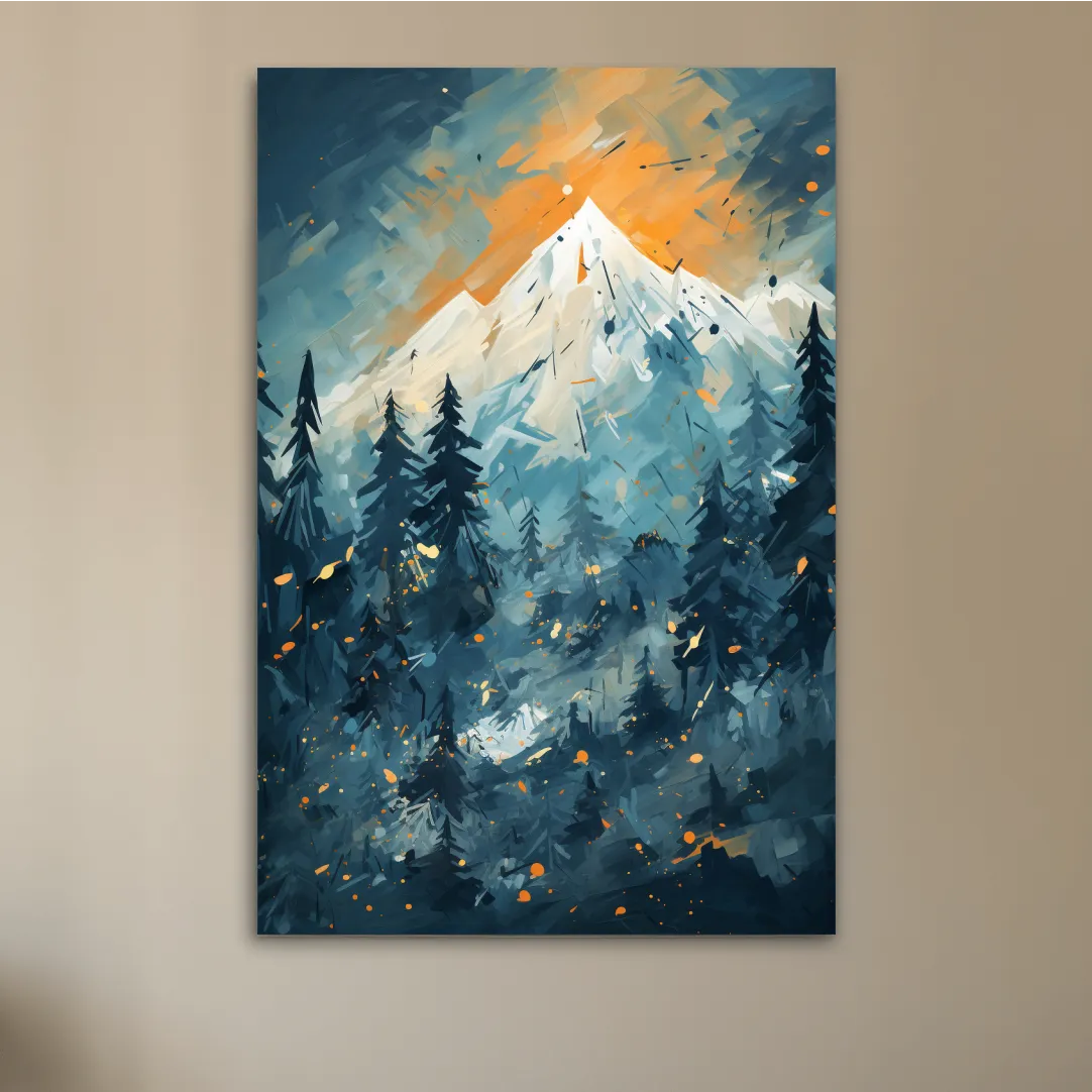 Abstract Snowy Mountain Peak Sunset - Moody Pine Forest Painting Wall Art