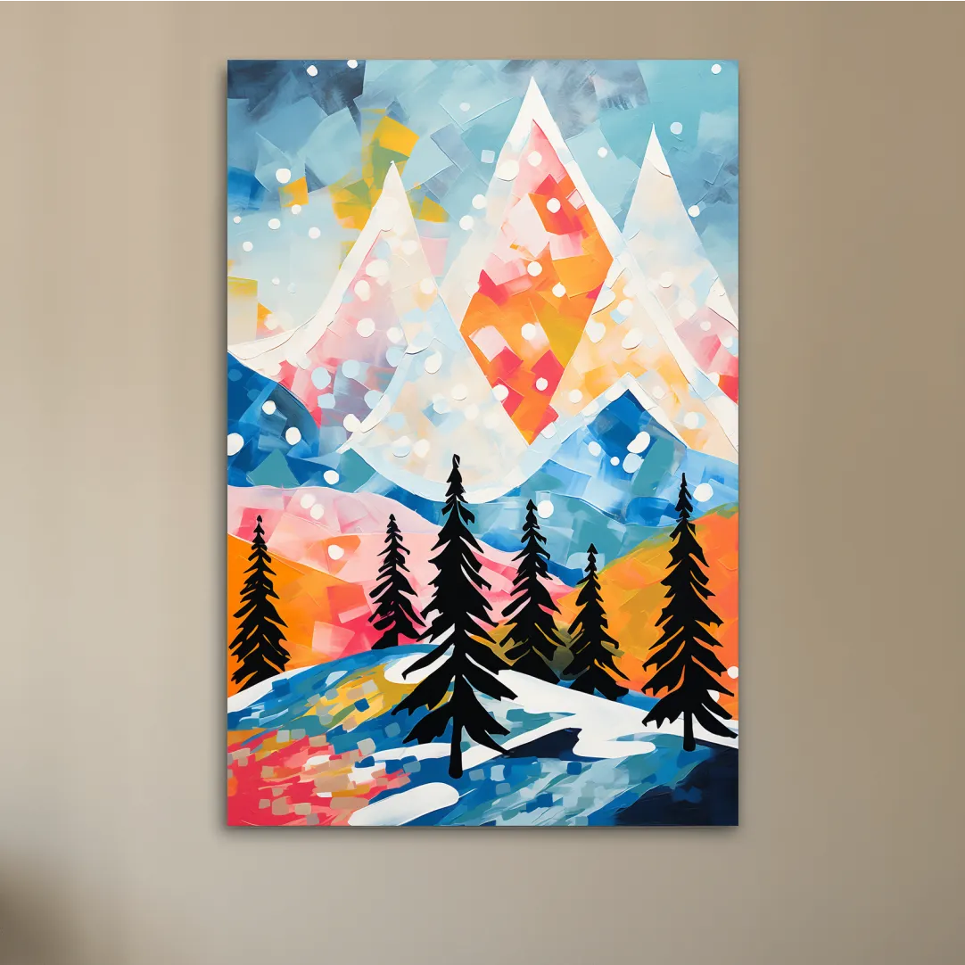 Simple colourful abstract painting of a snowy mountain scene