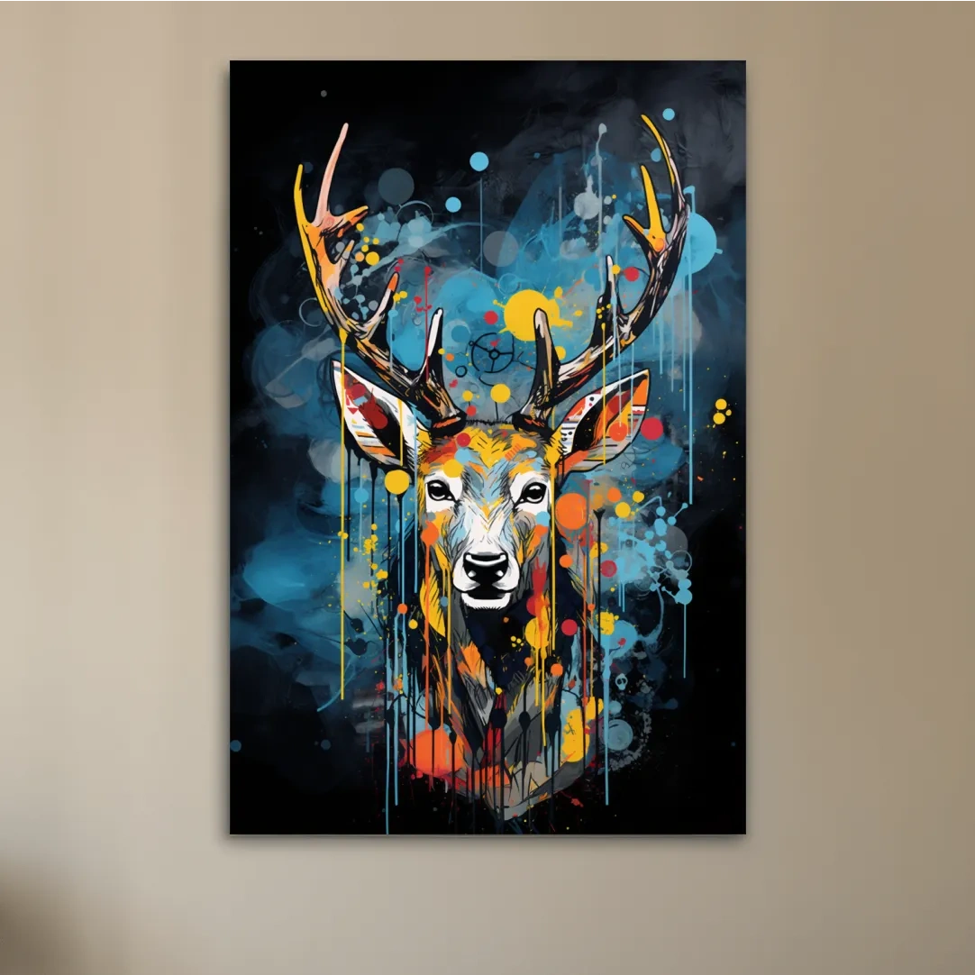 Deer head painting in a graffiti dripping style