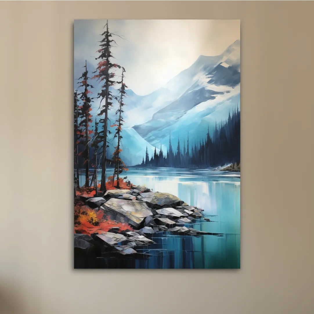 Serene painting, trees on a torquoise alpine lake