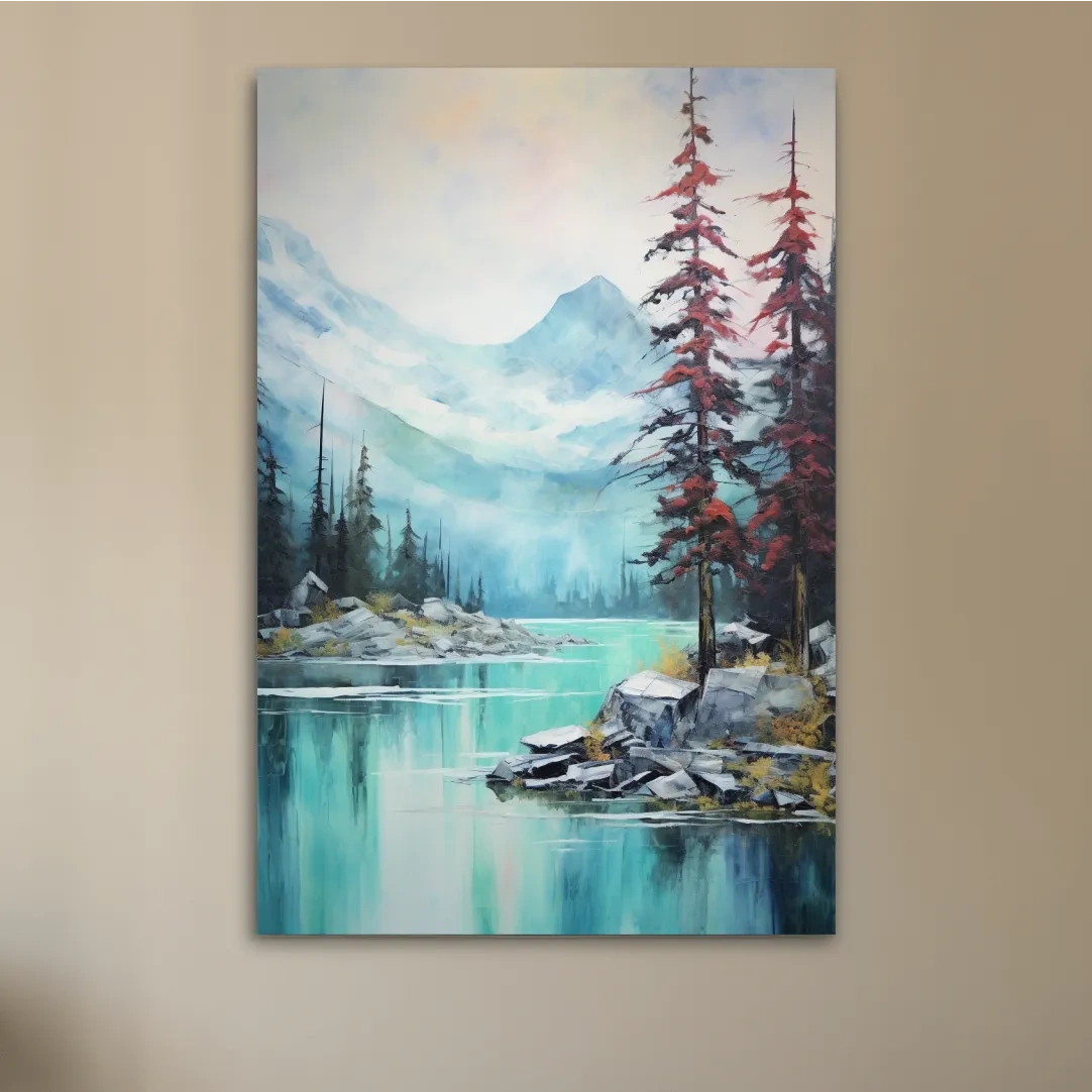 Misty Turquoise Alpine Lake Watercolor - Serene Mountain Landscape Wall Art