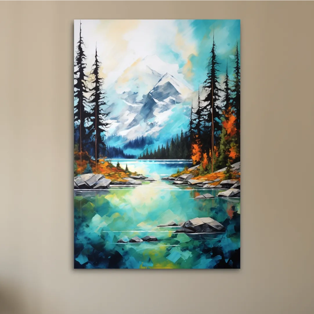 Turquoise Alpine Lake Mountain Painting - Colorful Watercolor Forest Wall Art