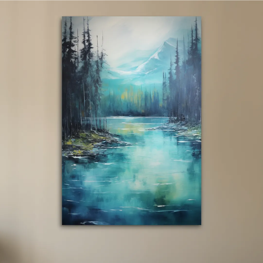 Thick oil painting, trees on a torquoise alpine lake