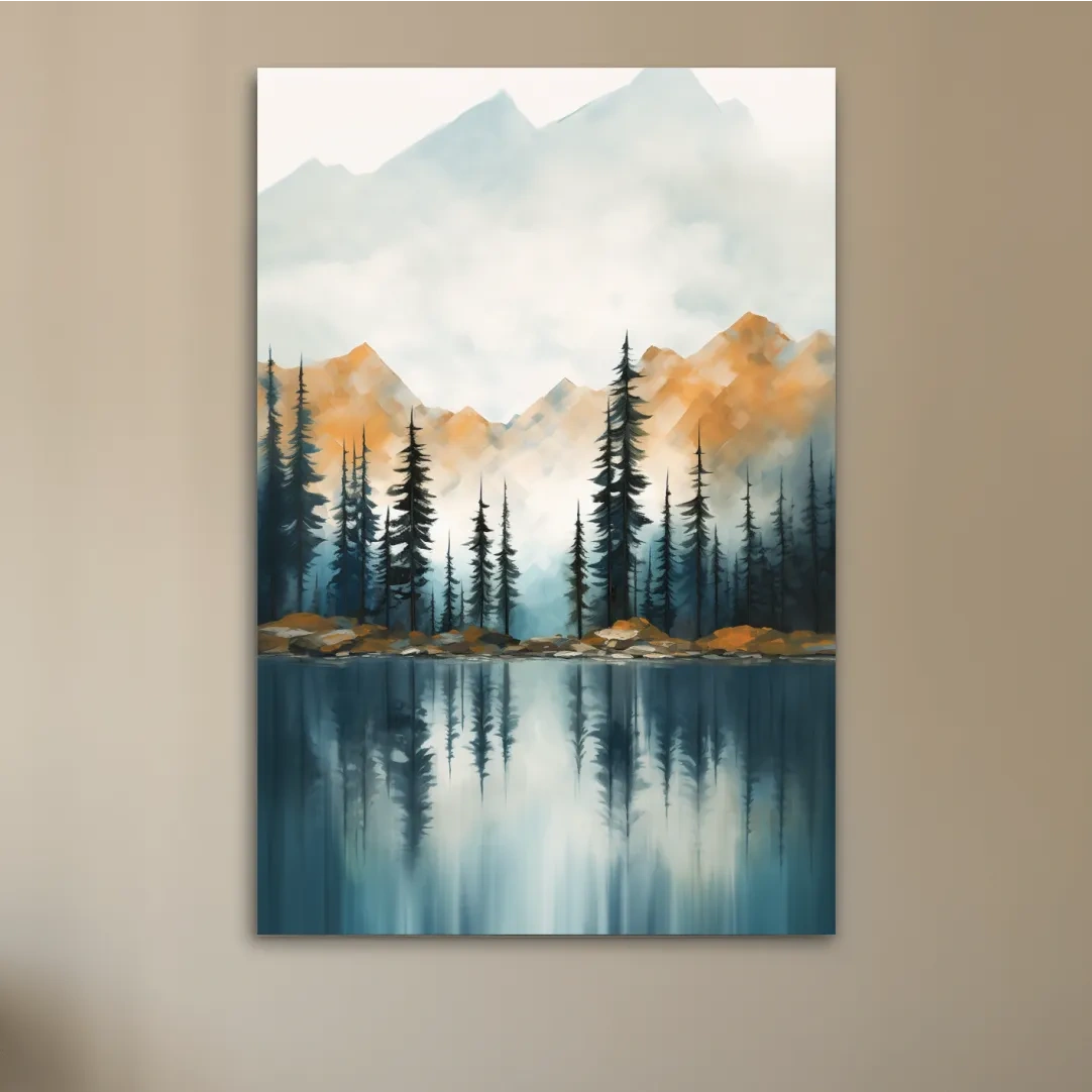 Trees on a beautiful alpine lake, mountain scenery painting