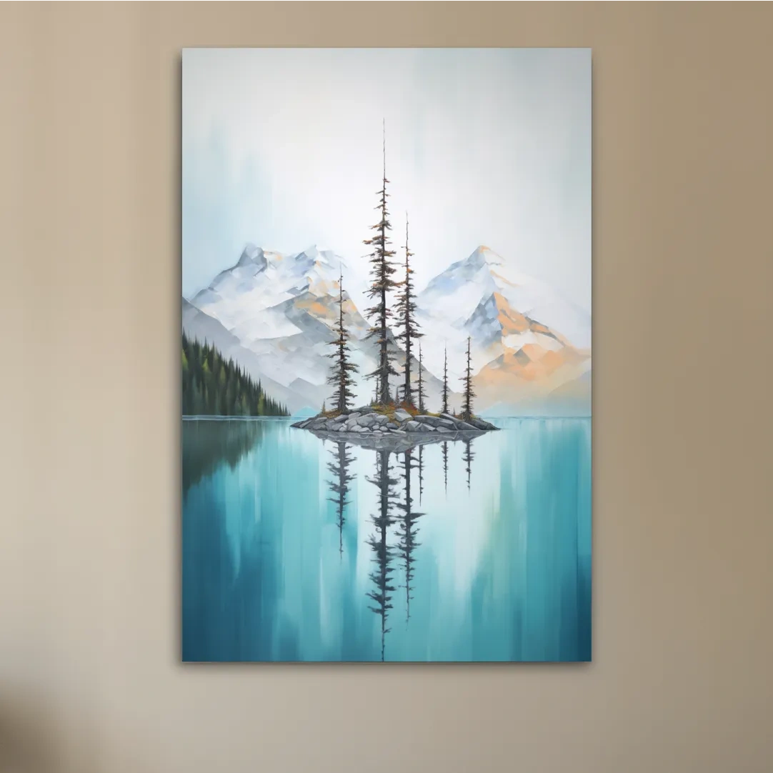 Painting of trees in a turquoise alpine lake
