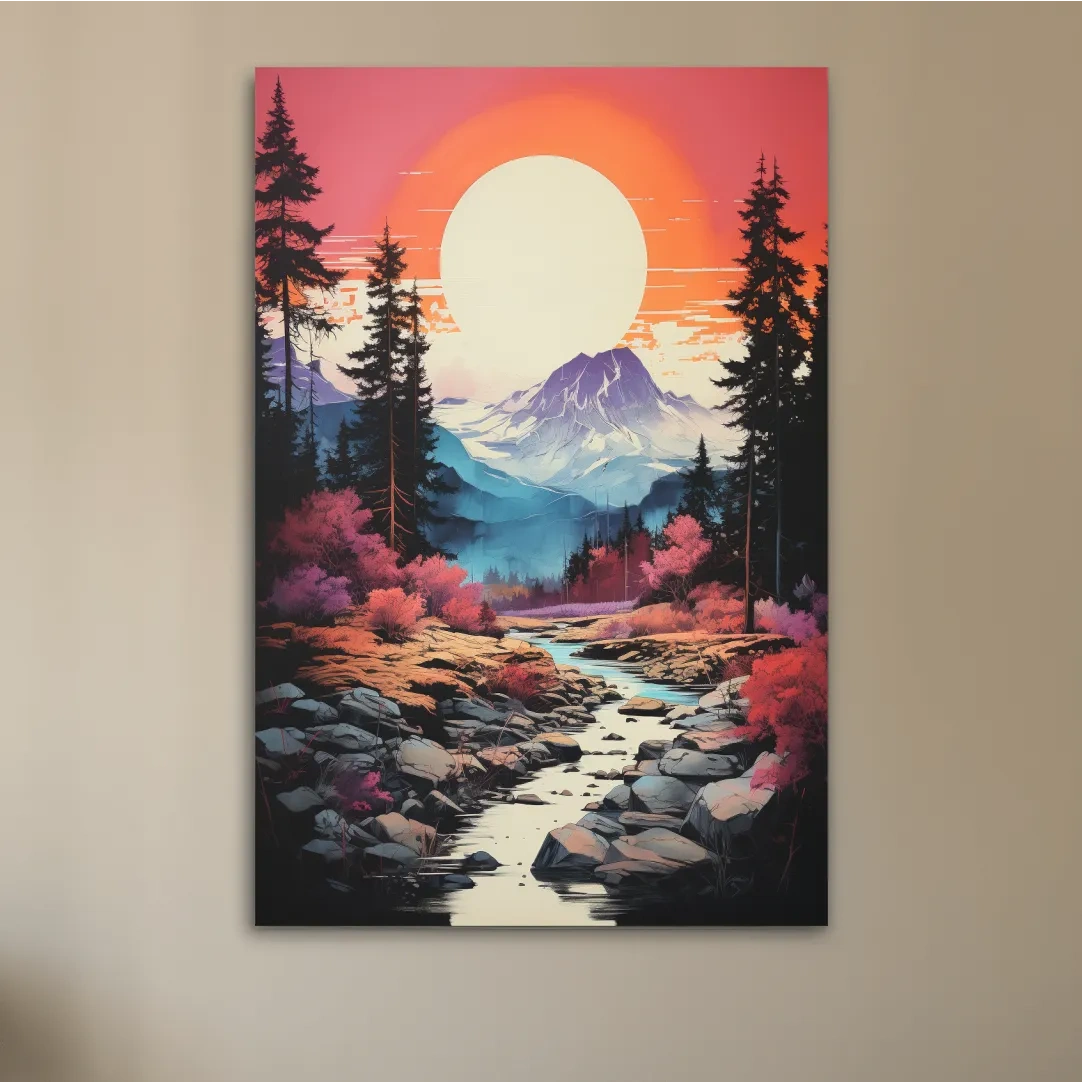 Colorful alpine scene at sunset, illustration