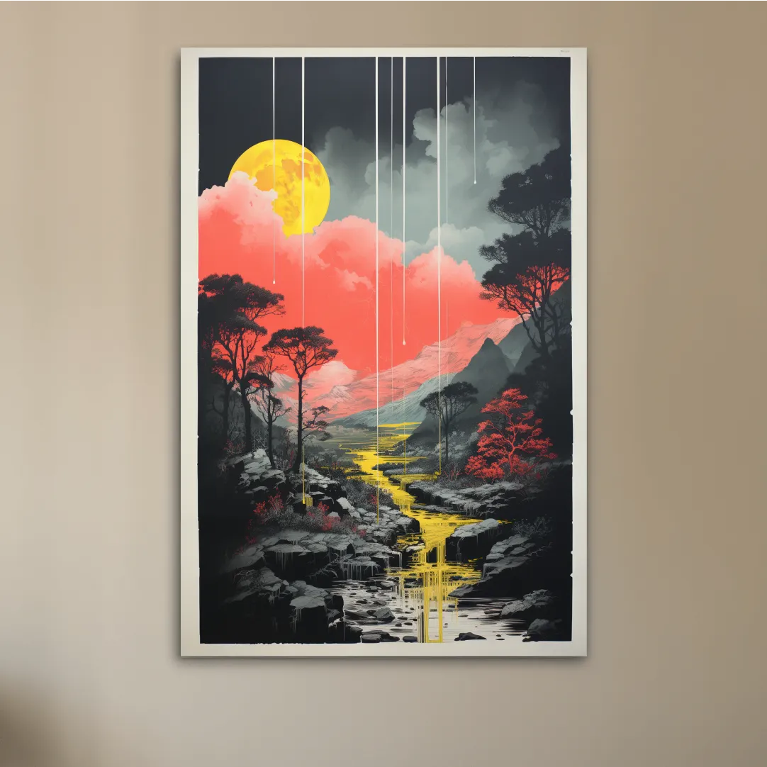 Surreal Moonlit Mountain River Landscape - Fantasy Nature Wall Art