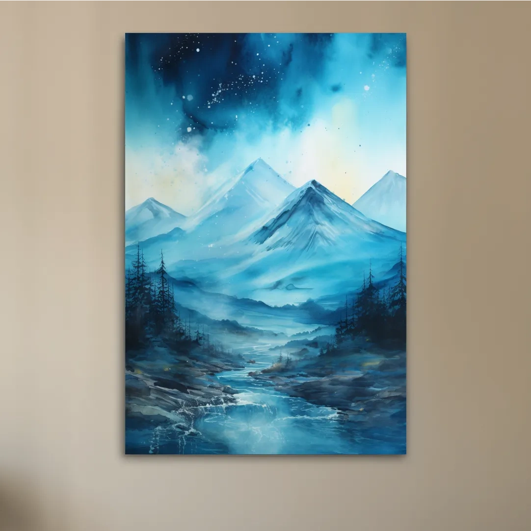 Watercolor painting, mountains under the stars