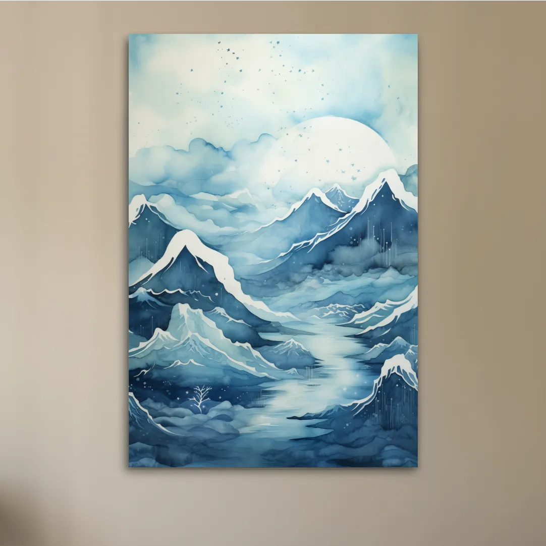 Watercolour painting, subtle blue snowy mountain peaks