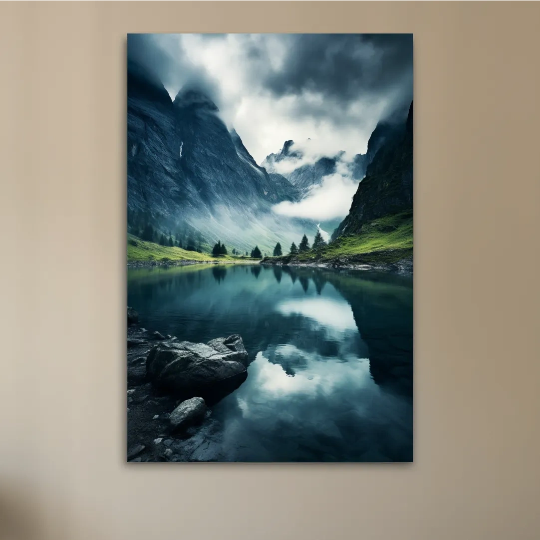 Moody Misty Alpine Lake Reflection - Dramatic Photographic Mountain Wall Art