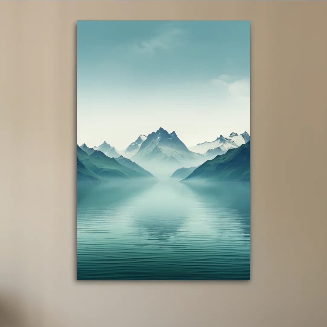 Soft, minimal art, mountains by a lake