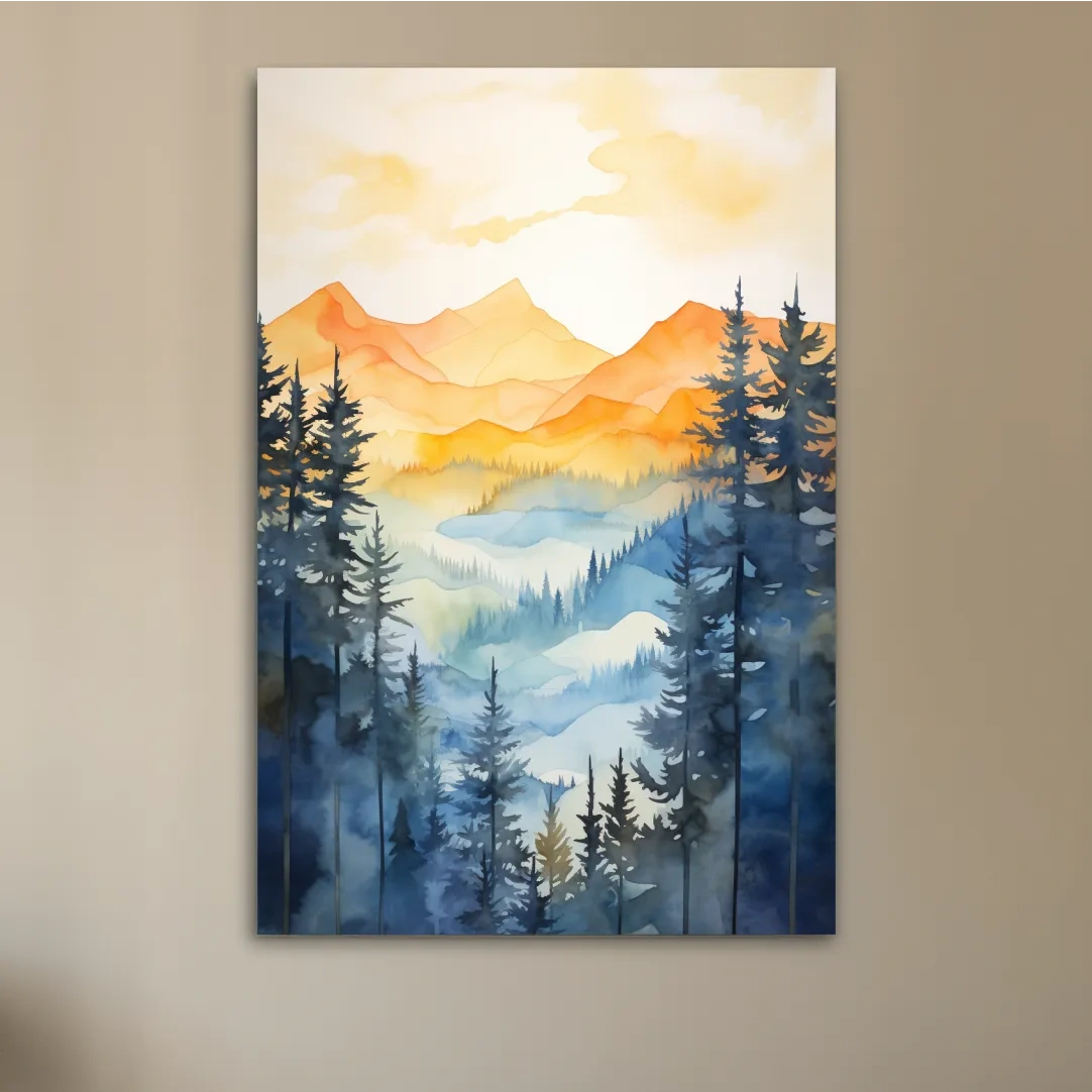 Simple watercolor art painting of alpine mountain scenery