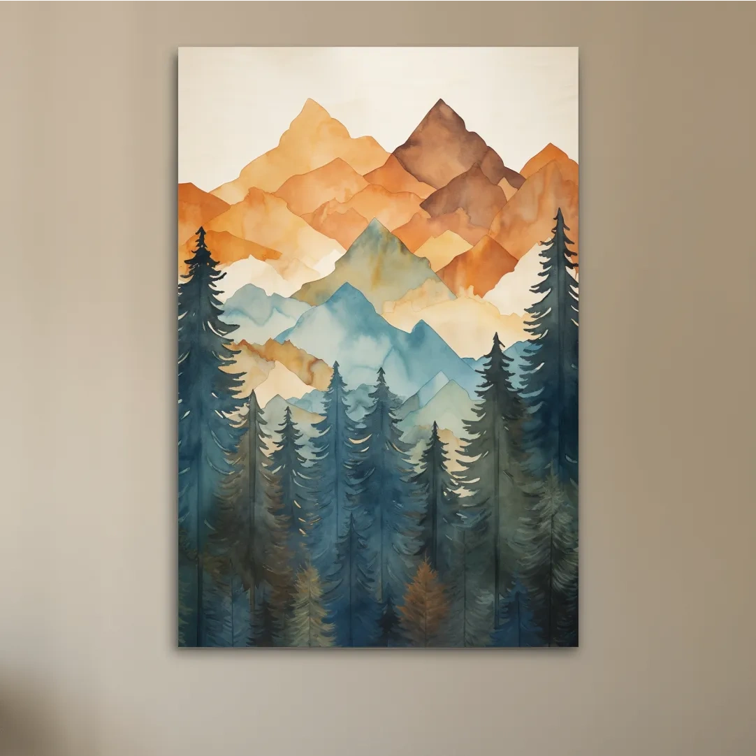 Simple watercolor painting of mountains and trees