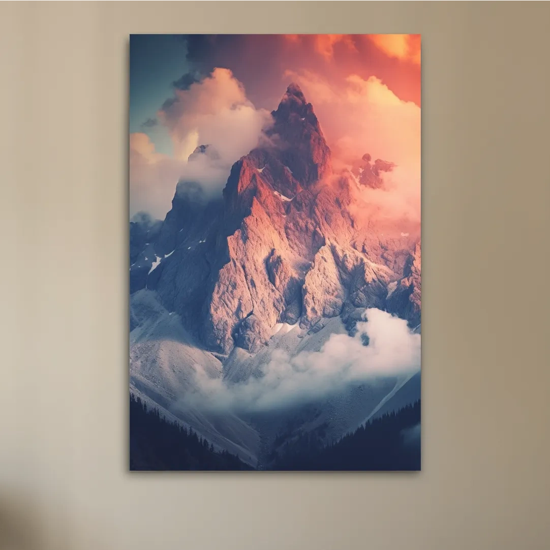 Dramatic mountain peak in colorful clouds, photographic art