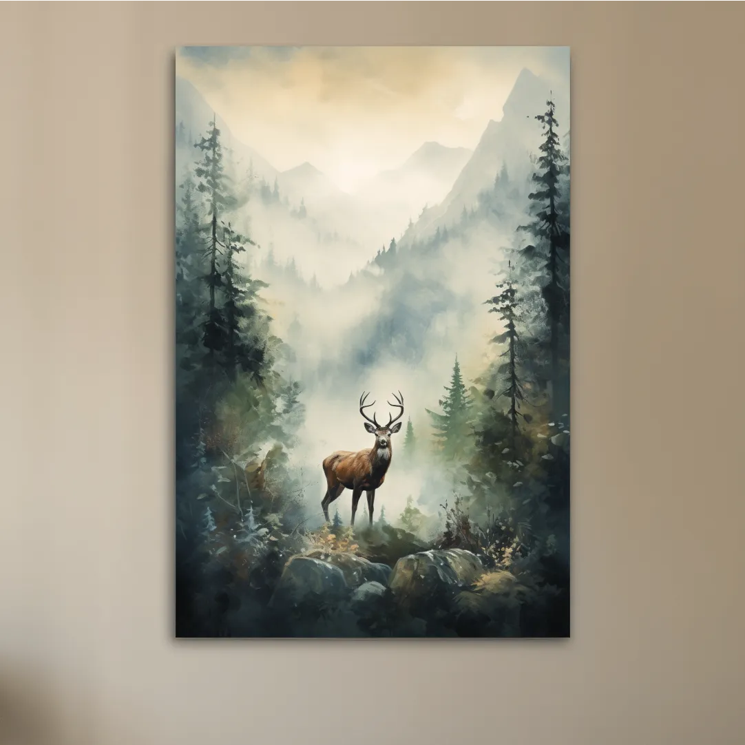 Misty Alpine Forest Deer Painting - Atmospheric Mountain Wildlife Wall Art