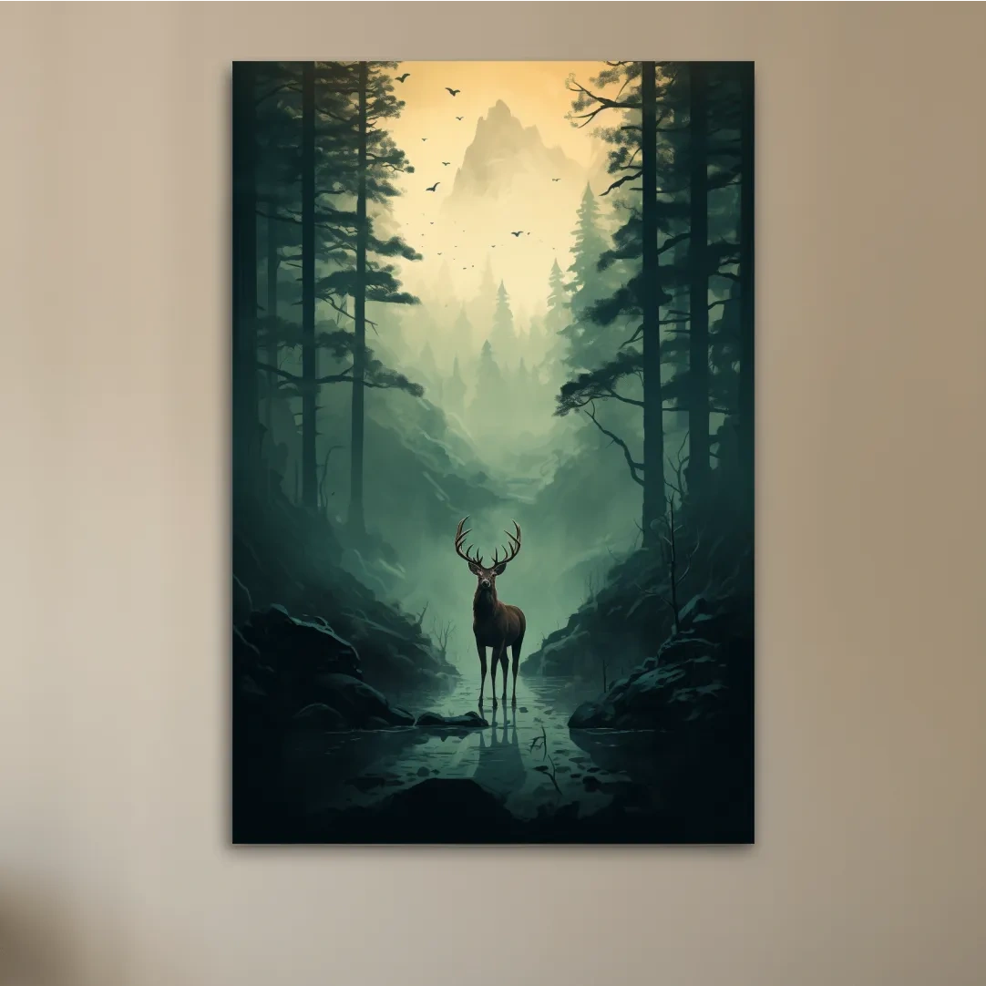 Serene illustration of a deer in a misty forest