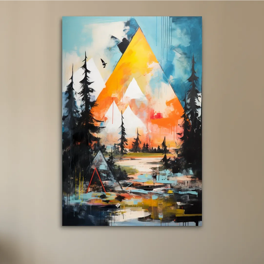 Vibrant Abstract Mountain Painting - Modern Geometric Alpine Forest Wall Art