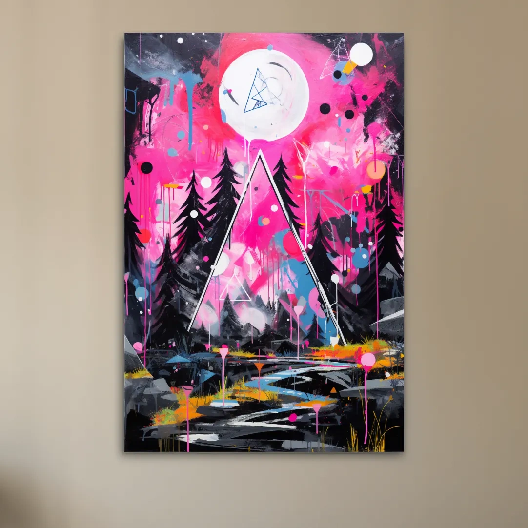 Pink and black abstract energetic art of a forest