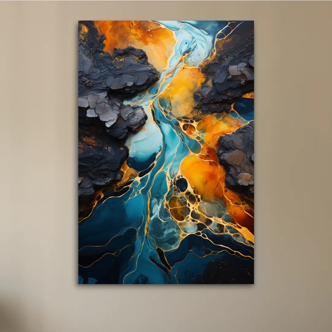 Elegant Gold And Teal Abstract Flowinf River - Alcohol Ink Style Wall Art