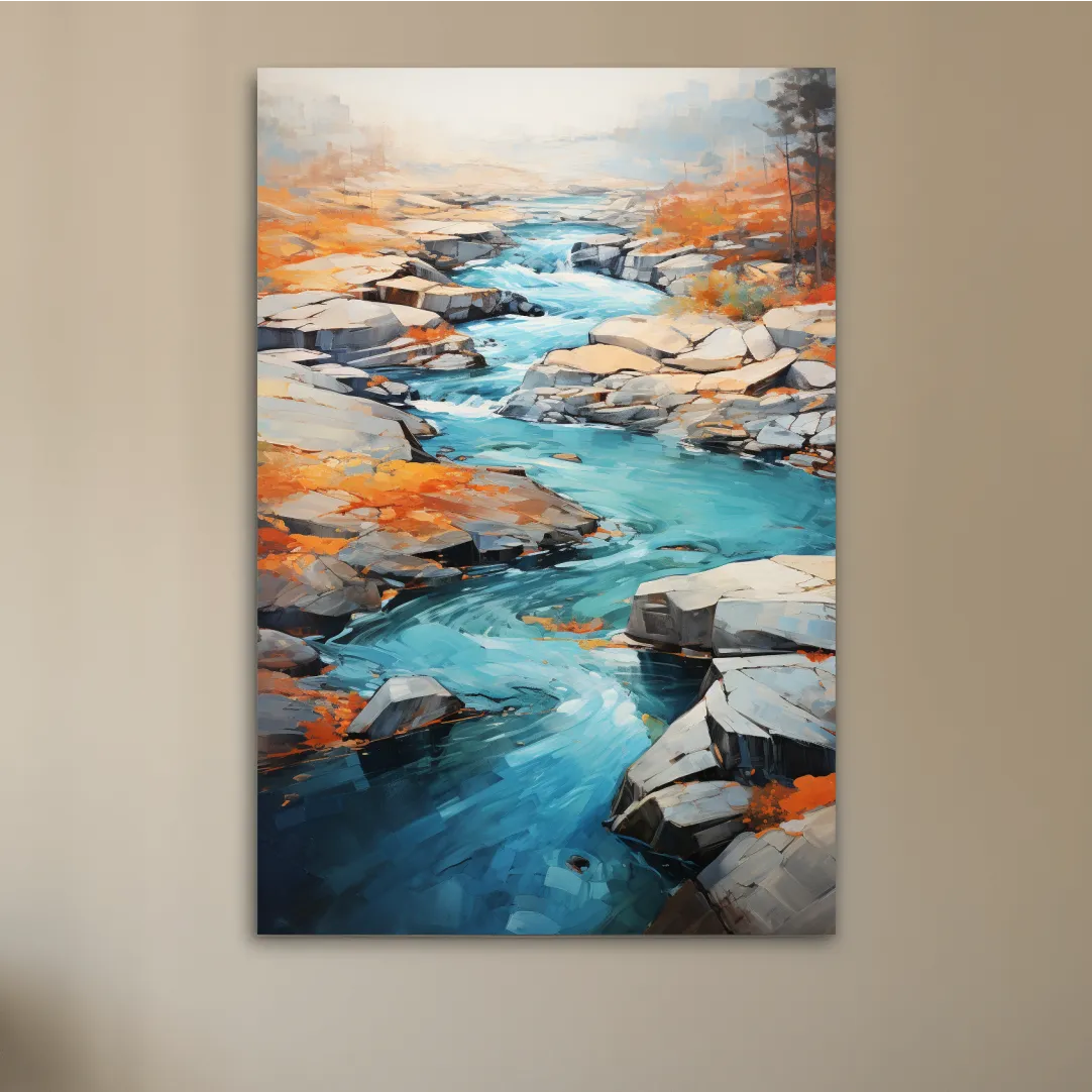 Serene painting of a river flowing through the rocks in fall