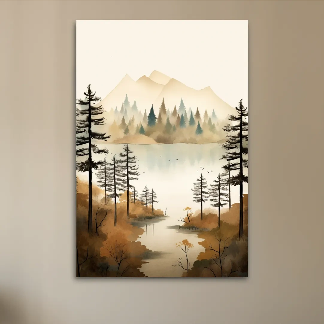 Watercolour landscape art, lakeside forest scenery in fall