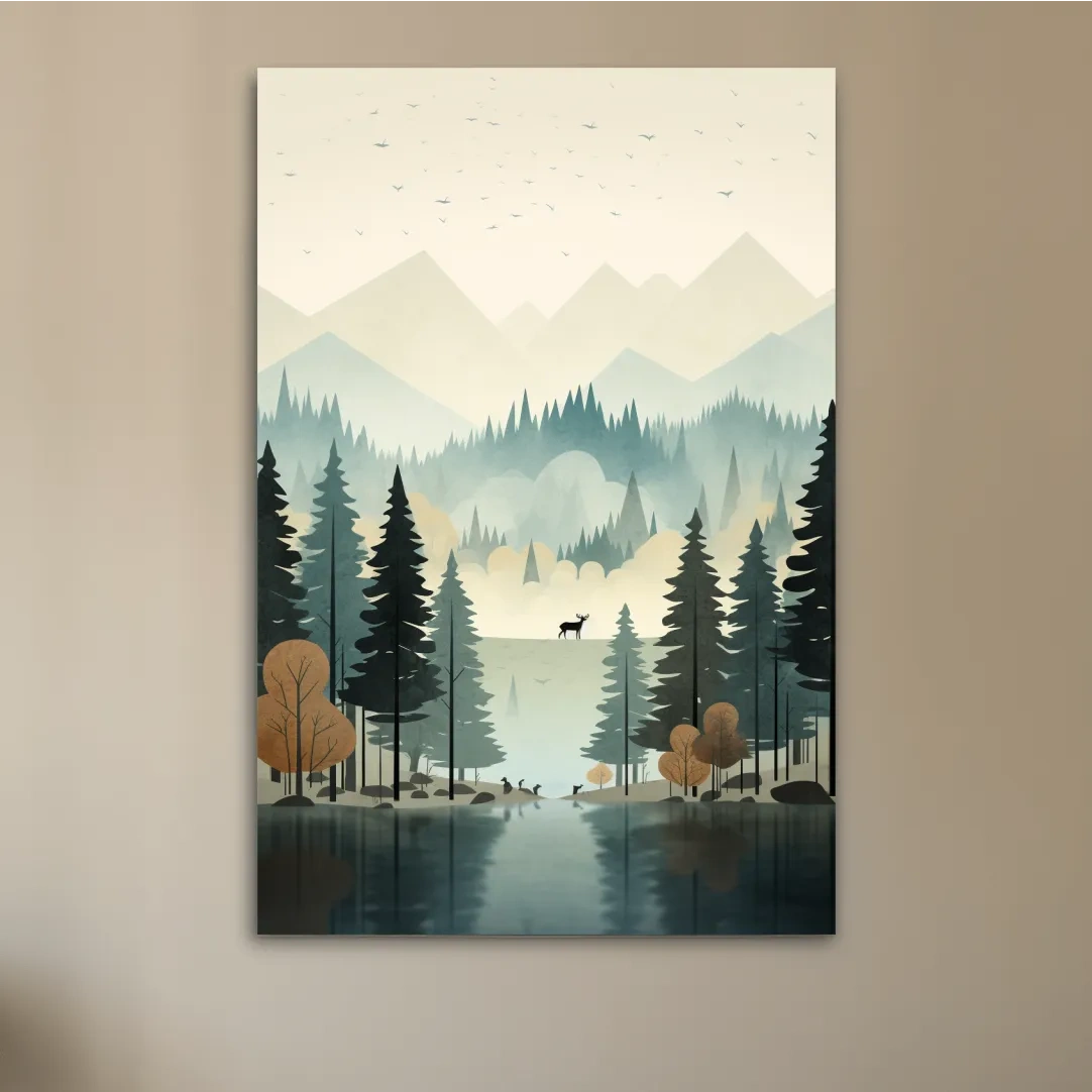 Mountain illustration, silhouette of a deer in a peaceful forest