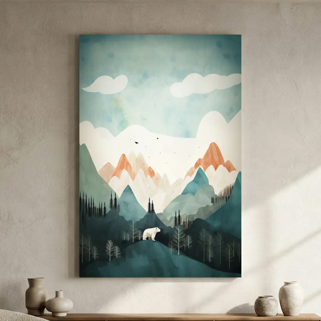 Whimsical Bear Alpine Mountain Landscape - Childrens Nursery Wall Art