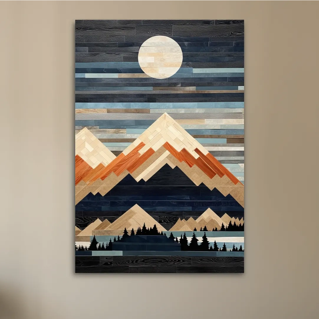 Wooden panel art, painted wood mountains under the night sky
