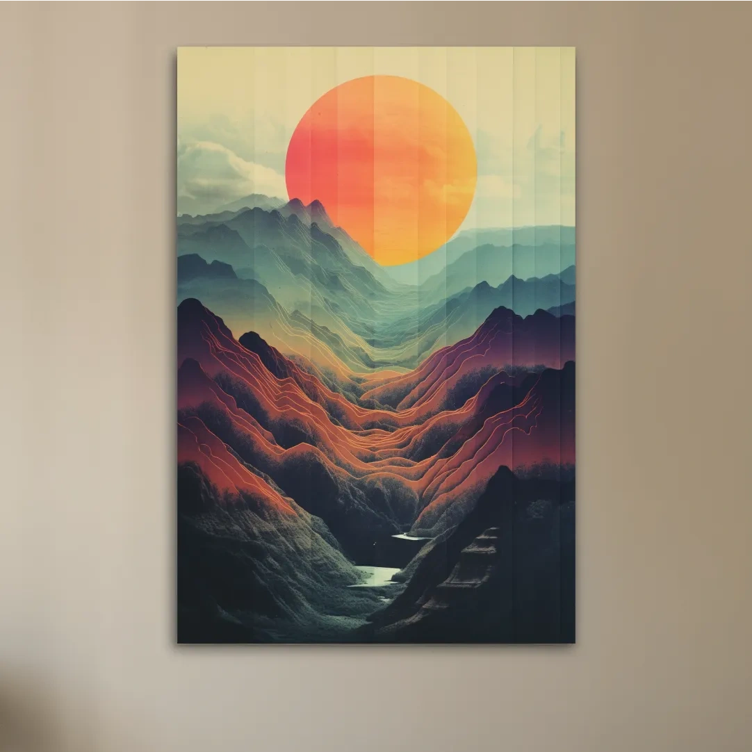Illustrative art of a layered mountainous valley at sunset
