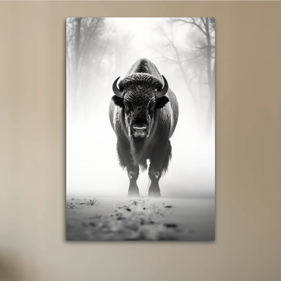 Black and white photo of a bison walking on snow